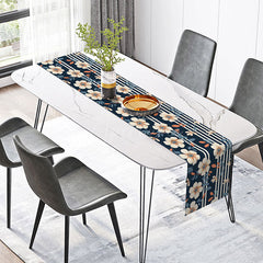 Aperturee - Aperturee Classic Stripe and Floral Table Runner in Navy Blue for Traditional Dining Room and Holiday Table Decor