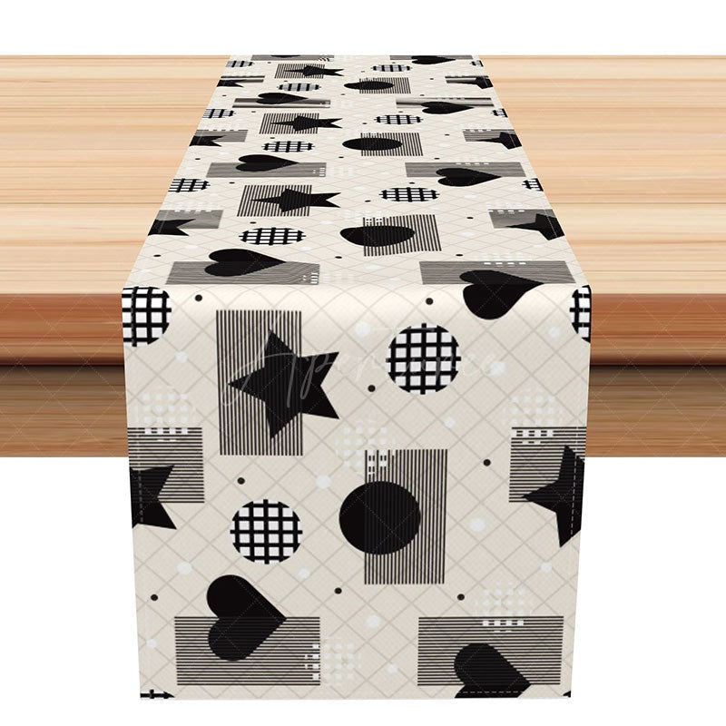 Aperturee - Aperturee Classic Table Runner with Black Star and Heart Pattern for Modern Farmhouse and Minimalist Decor