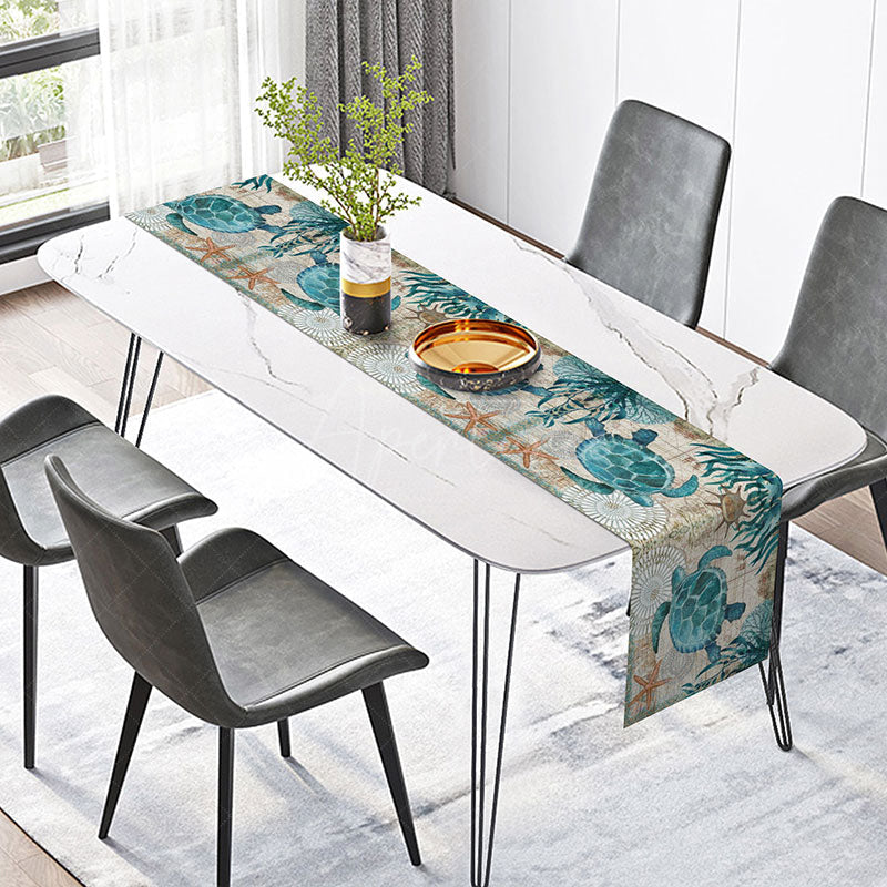 Aperturee - Aperturee Classic Under the Sea Table Runner Turtle and Starfish Ocean Life Nautical Beach House Kitchen Decor
