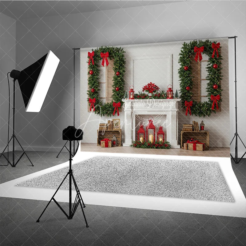 Aperturee - Aperturee Classic White Christmas Fireplace Photography Backdrop Wreath Framed Windows with Red Bows Elegant Holiday Background
