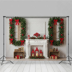 Aperturee - Aperturee Classic White Christmas Fireplace Photography Backdrop Wreath Framed Windows with Red Bows Elegant Holiday Background