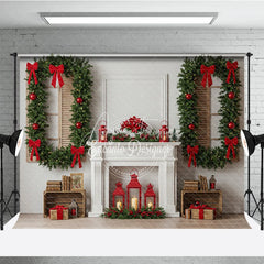 Aperturee - Aperturee Classic White Christmas Fireplace Photography Backdrop Wreath Framed Windows with Red Bows Elegant Holiday Background