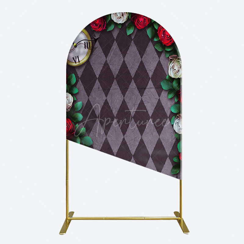 Aperturee - Aperturee Clock Leaves White Red Rose Rhombus Arch Backdrop