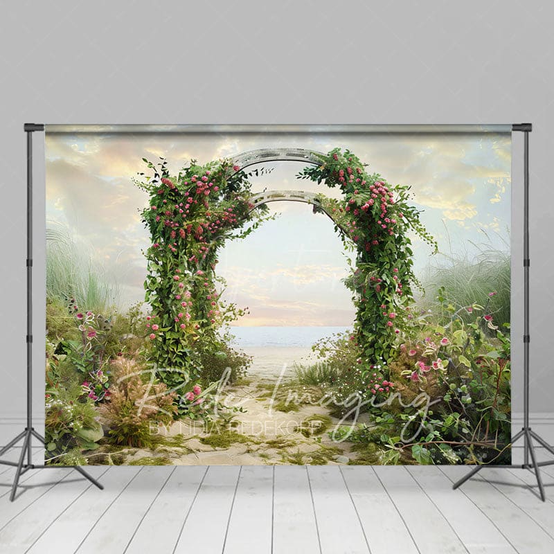 Aperturee - Aperturee Cloud Sky Greenery Floral Arch Wedding Photo Backdrop