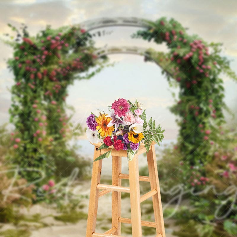 Aperturee - Aperturee Cloud Sky Greenery Floral Arch Wedding Photo Backdrop