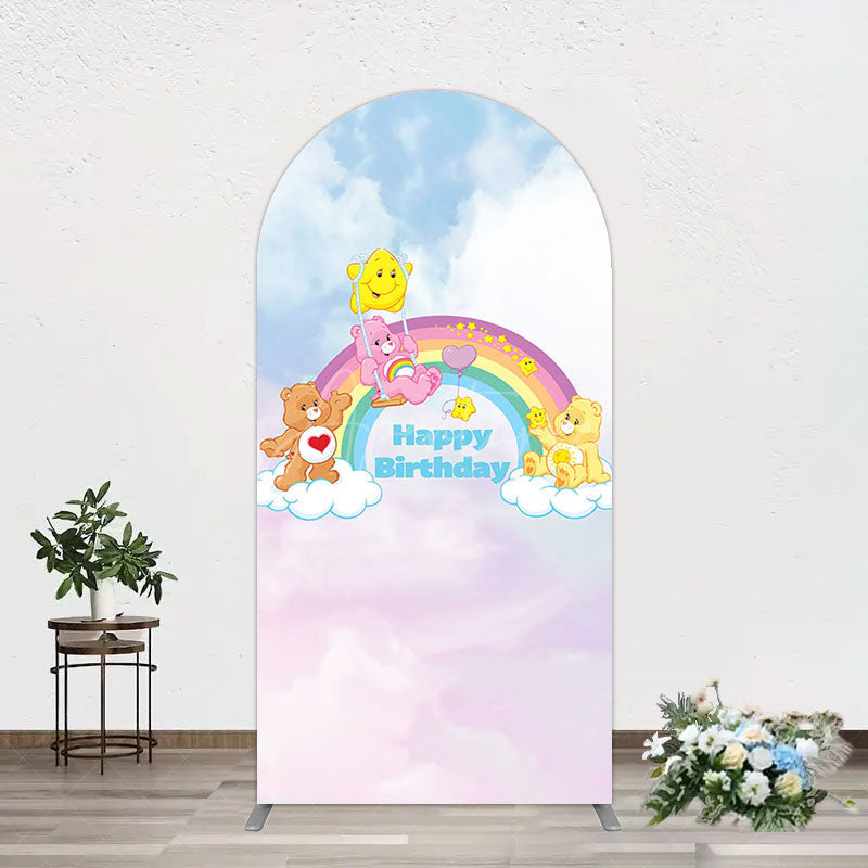 Aperturee - Aperturee Clouds Rainbow Cute Bear Happy Birthday Arch Backdrop