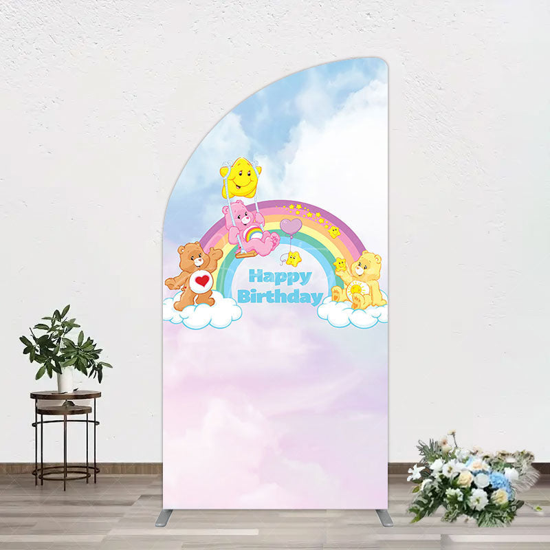 Aperturee - Aperturee Clouds Rainbow Cute Bear Happy Birthday Half Moon Arch Backdrop