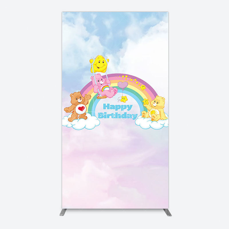 Aperturee - Aperturee Clouds Rainbow Cute Bear Happy Birthday Rectangle Backdrop