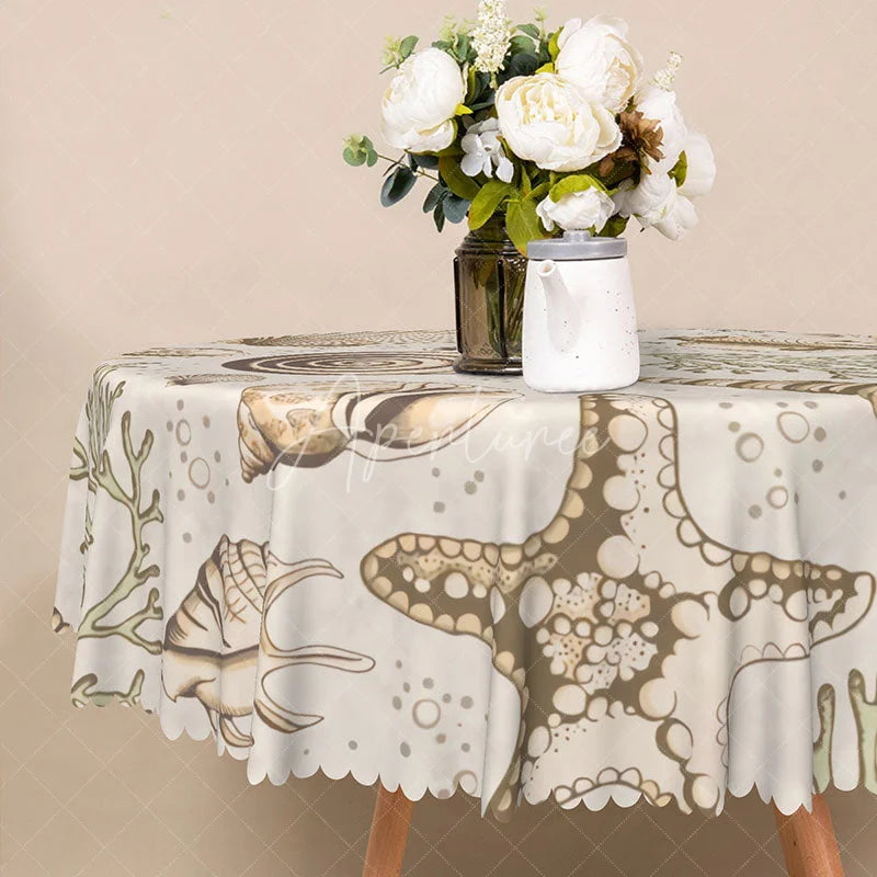 Aperturee - Aperturee Coastal Beach Round Tablecloth with Brown and White Seashells and Coral for Nautical Themed Decor