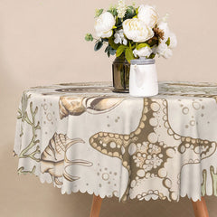 Aperturee - Aperturee Coastal Beach Round Tablecloth with Brown and White Seashells and Coral for Nautical Themed Decor