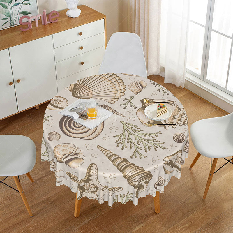 Aperturee - Aperturee Coastal Beach Round Tablecloth with Brown and White Seashells and Coral for Nautical Themed Decor