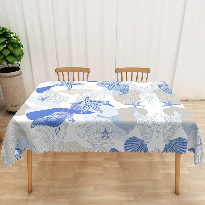 Aperturee - Aperturee Coastal Beach Tablecloth with Blue and White Starfish and Seashells for Nautical Themed Party Decor