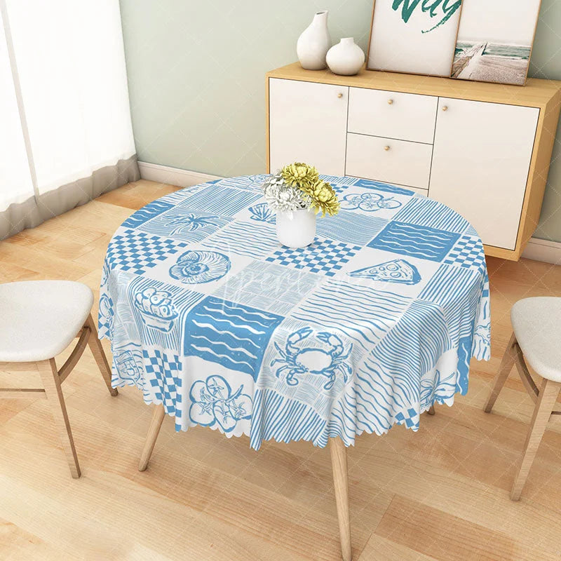Aperturee - Aperturee Coastal Blue Round Tablecloth with Crab Shell and Wave Print for Beach House and Nautical Decor