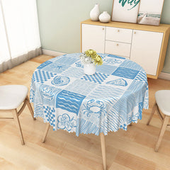 Aperturee - Aperturee Coastal Blue Round Tablecloth with Crab Shell and Wave Print for Beach House and Nautical Decor