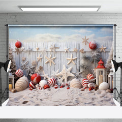 Aperturee Aperturee Coastal Christmas Photography Backdrop Beach Sand with Ornaments and Starfish White Picket Fence Photo Prop