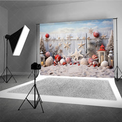 Aperturee Aperturee Coastal Christmas Photography Backdrop Beach Sand with Ornaments and Starfish White Picket Fence Photo Prop
