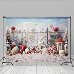 Aperturee Aperturee Coastal Christmas Photography Backdrop Beach Sand with Ornaments and Starfish White Picket Fence Photo Prop