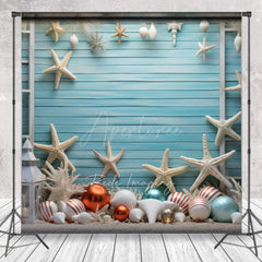 Aperturee Aperturee Coastal Christmas Photography Backdrop Beach Theme with Starfish and Ornaments Blue Wood Wall Holiday Photo Prop