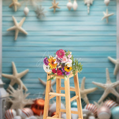 Aperturee Aperturee Coastal Christmas Photography Backdrop Beach Theme with Starfish and Ornaments Blue Wood Wall Holiday Photo Prop