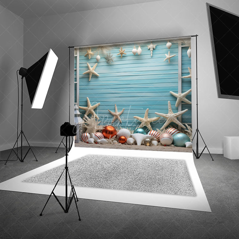 Aperturee Aperturee Coastal Christmas Photography Backdrop Beach Theme with Starfish and Ornaments Blue Wood Wall Holiday Photo Prop