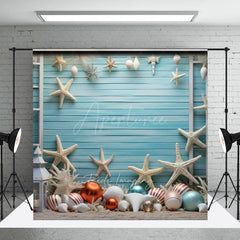 Aperturee Aperturee Coastal Christmas Photography Backdrop Beach Theme with Starfish and Ornaments Blue Wood Wall Holiday Photo Prop
