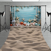 Aperturee Aperturee Coastal Christmas Sweep Photo Backdrop Beach Theme with Starfish and Ornaments Blue Wood Wall Holiday Prop