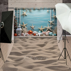 Aperturee Aperturee Coastal Christmas Sweep Photo Backdrop Beach Theme with Starfish and Ornaments Blue Wood Wall Holiday Prop