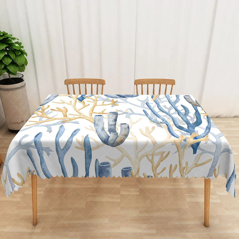 Aperturee - Aperturee Coastal Coral Pattern Rectangle Tablecloth in Blue and Khaki for Beach House and Ocean Themed Decor