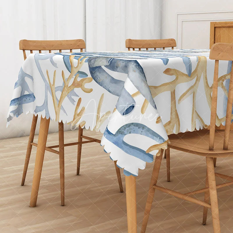 Aperturee - Aperturee Coastal Coral Pattern Rectangle Tablecloth in Blue and Khaki for Beach House and Ocean Themed Decor