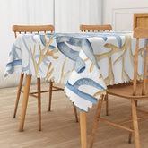 Aperturee - Aperturee Coastal Coral Pattern Rectangle Tablecloth in Blue and Khaki for Beach House and Ocean Themed Decor