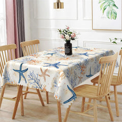 Aperturee - Aperturee Coastal Starfish and Coral Reef Rectangle Tablecloth Nautical Ocean Theme Table Cover for Summer Beach Party