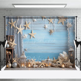 Aperturee Aperturee Coastal Summer Photography Backdrop Beach Scene with Starfish and Lanterns Blue Wood Wall Photo Prop Decor