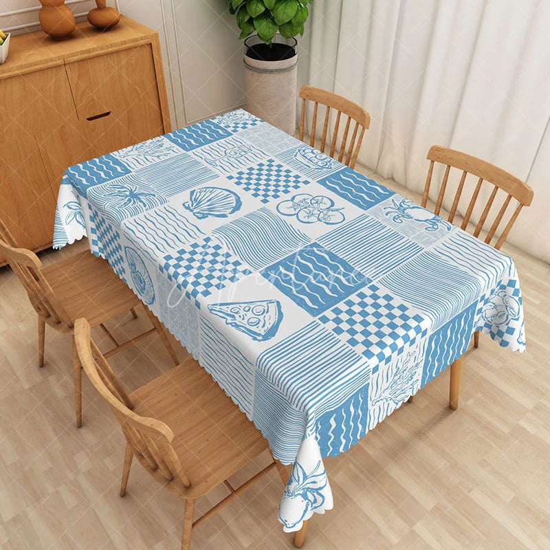 Aperturee - Aperturee Coastal Summer Tablecloth with Blue Conch Shells and Fruit for Beach House Kitchen and Dining Decor