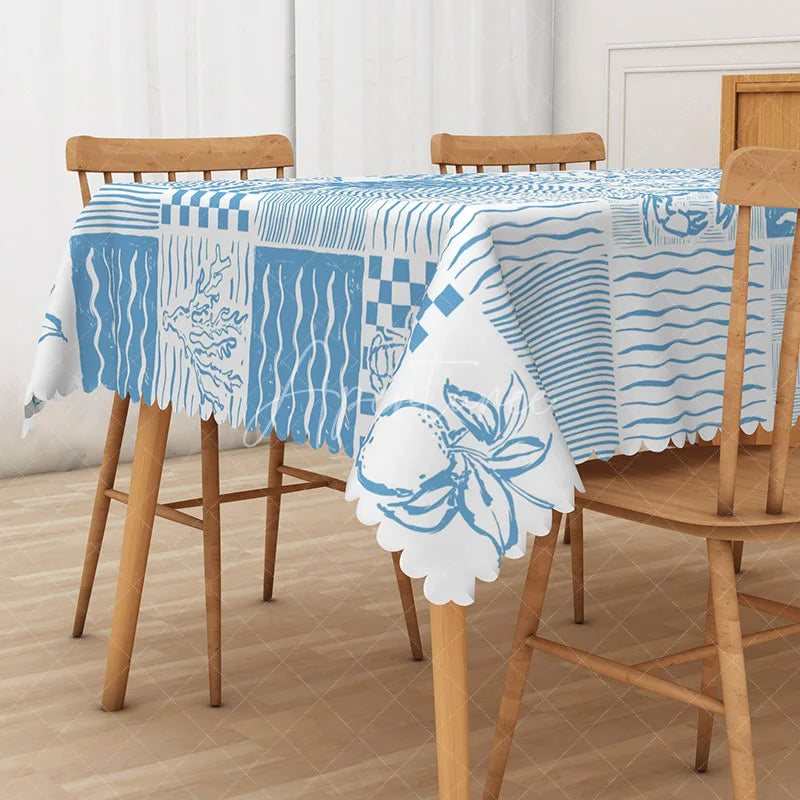 Aperturee - Aperturee Coastal Summer Tablecloth with Blue Conch Shells and Fruit for Beach House Kitchen and Dining Decor