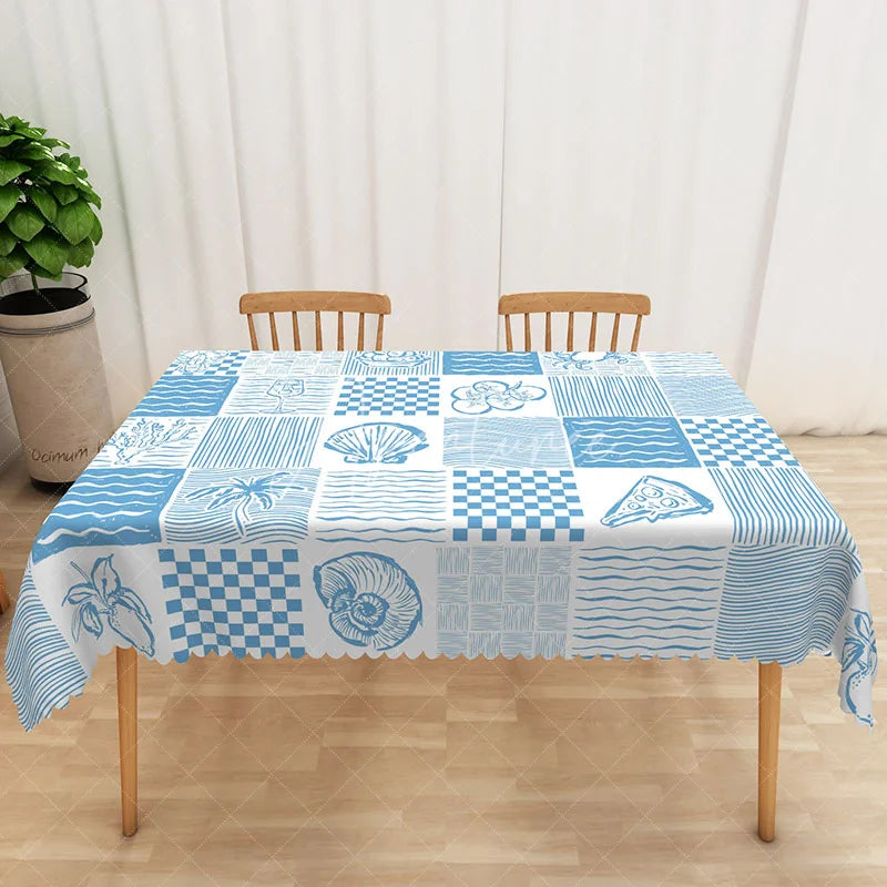 Aperturee - Aperturee Coastal Summer Tablecloth with Blue Conch Shells and Fruit for Beach House Kitchen and Dining Decor