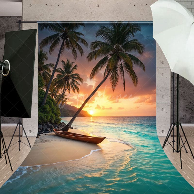 Aperturee - Aperturee Coconut Trees By Beach Sunset Summer Sweep Backdrop