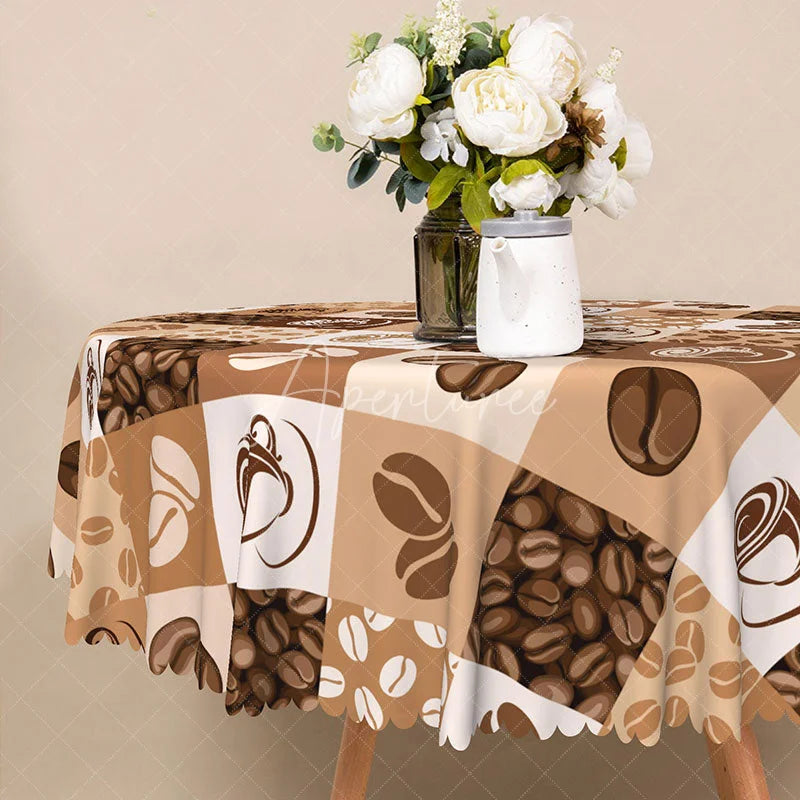 Aperturee - Aperturee Coffee Bean Plaid Round Tablecloth in Brown and White for Cafe Kitchen and Coffee Lover Decor