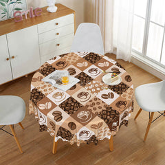 Aperturee - Aperturee Coffee Bean Plaid Round Tablecloth in Brown and White for Cafe Kitchen and Coffee Lover Decor