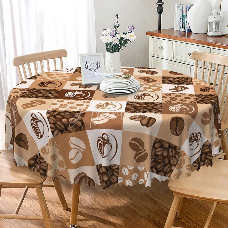 Aperturee - Aperturee Coffee Bean Plaid Round Tablecloth in Brown and White for Cafe Kitchen and Coffee Lover Decor