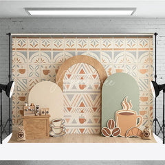 Aperturee - Aperturee Coffee Shop Cafe Photography Backdrop with Tile Pattern Geometric Arches and Coffee Cups for Baby Shower Birthday