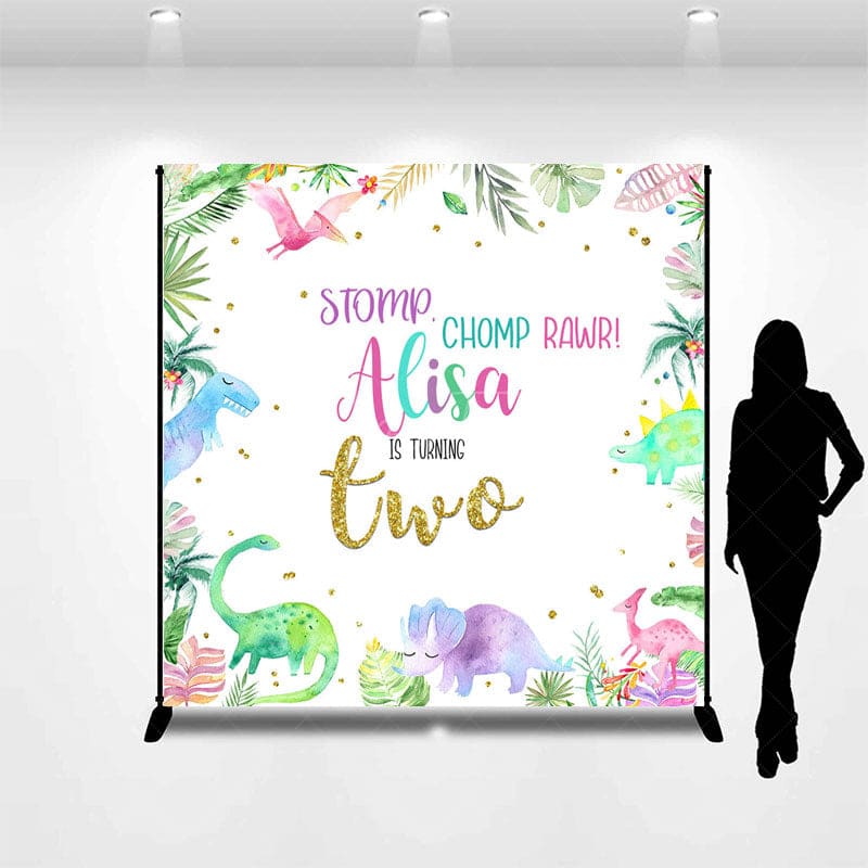 Aperturee - Aperturee Color Baby Dinosaur Custom Name 2nd Birthday Backdrop