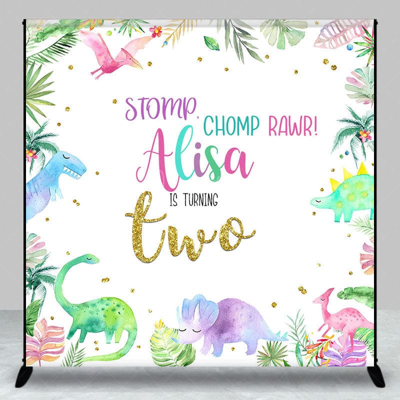 Aperturee - Aperturee Color Baby Dinosaur Custom Name 2nd Birthday Backdrop