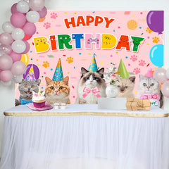 Aperturee - Aperturee Color Cat Paw Print Balloons Happy Birthday Backdrop