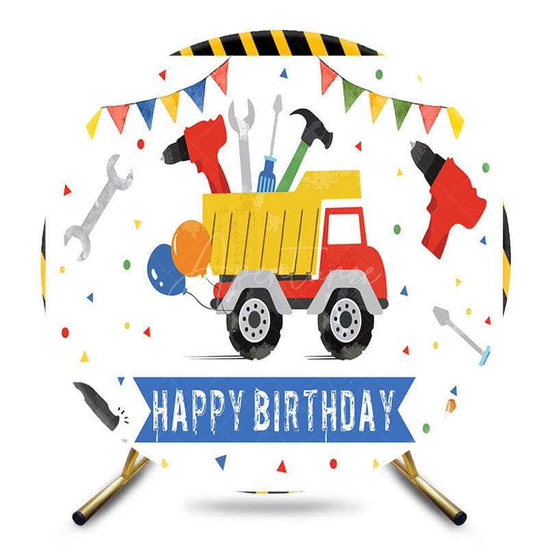 Aperturee - Aperturee Color Construction Truck Round Happy Birthday Backdrop