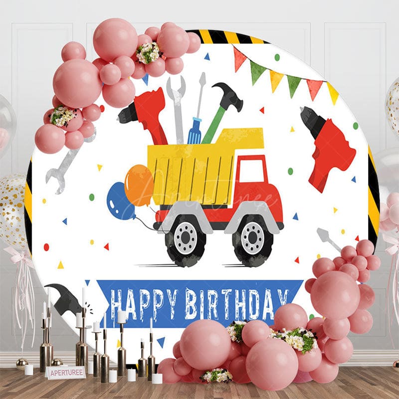 Aperturee - Aperturee Color Construction Truck Round Happy Birthday Backdrop