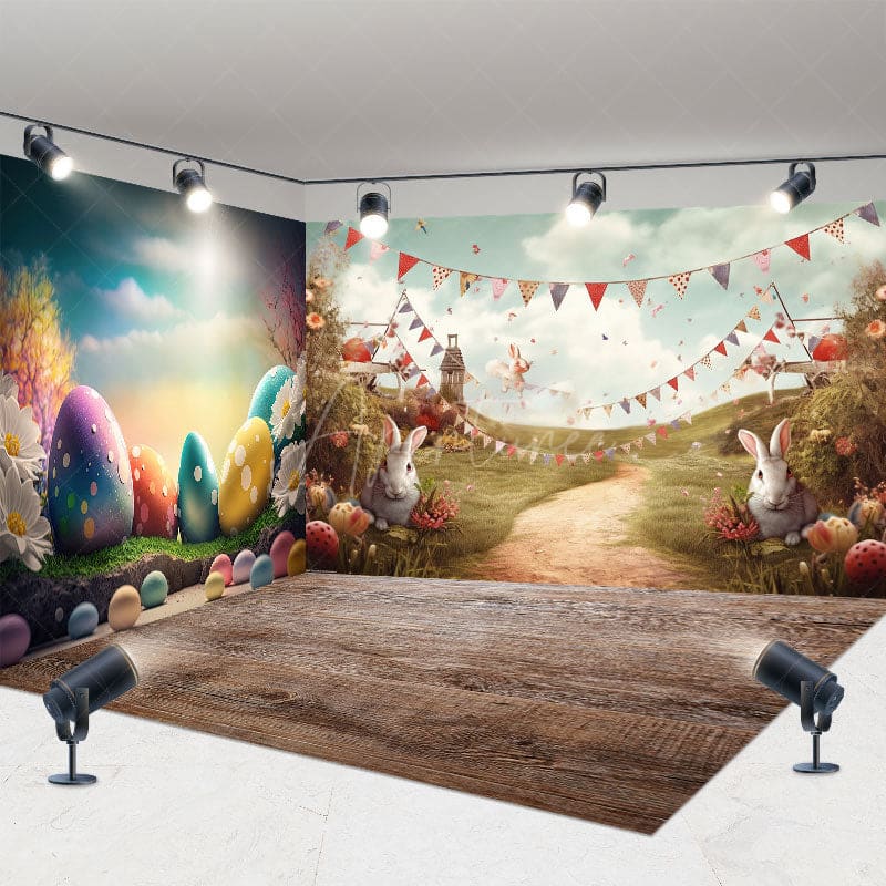 Aperturee - Aperturee Color Eggs Bunny Spring Easter Room Set Backdrop