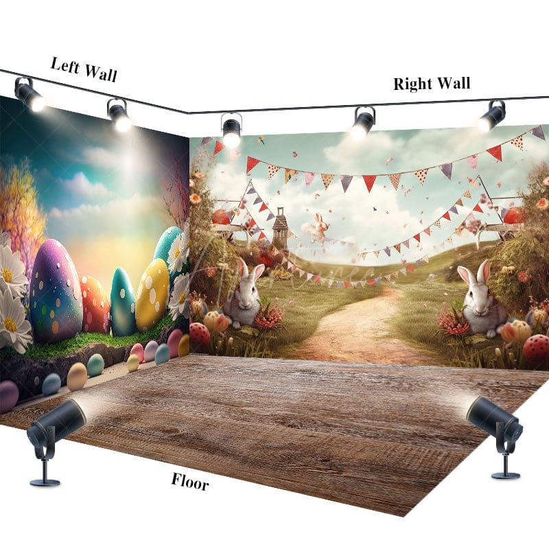 Aperturee - Aperturee Color Eggs Bunny Spring Easter Room Set Backdrop