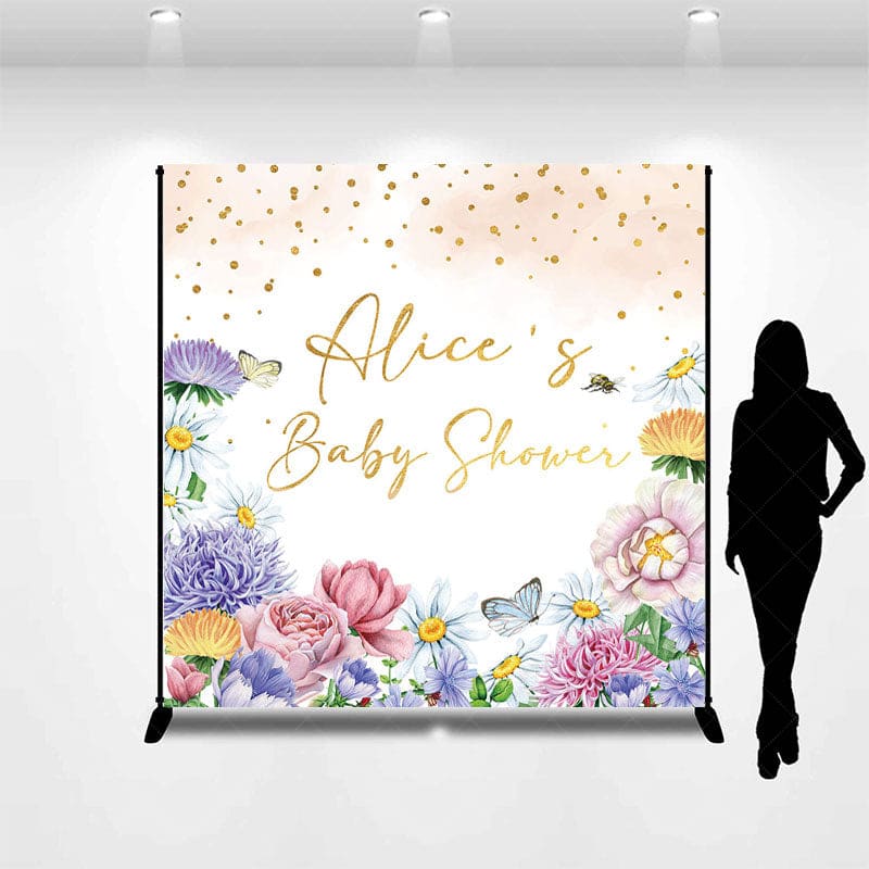 Aperturee - Aperturee Color Floral Glitter Custom Name Baby Shower Backdrop