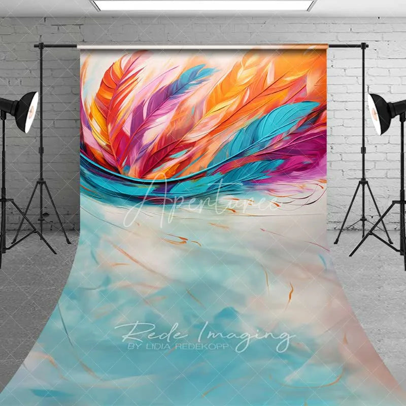 Aperturee - Aperturee Colorful Abstract Feather Sweep Photo Backdrop Orange Pink Teal Texture Background Modern Art Swirl Floor Prop