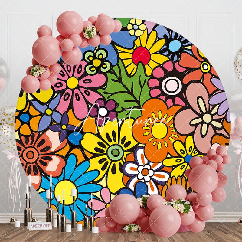 Aperturee - Aperturee Colorful Abstract Floral Round Birthday Backdrop